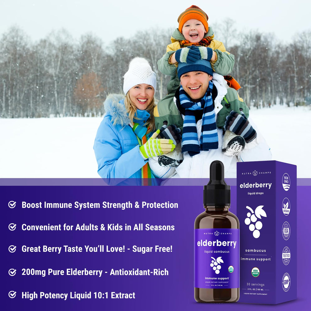 Berry flavored elderberry liquid in bottle for immune support