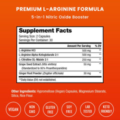 Close-up of the L Arginine formula showing L-HCl, AAKG, L-Citrulline, Ginger Root and Grape Seed Extract.