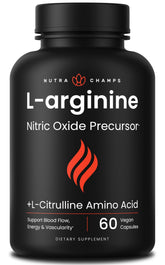 Front view of NutraChamps L Arginine supplement bottle with 60 vegan capsules.