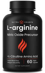 Front view of NutraChamps L Arginine supplement bottle with 60 vegan capsules.