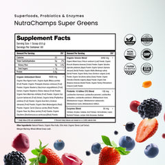 Nutrition facts panel and organic ingredients of NutraChamps Super Greens