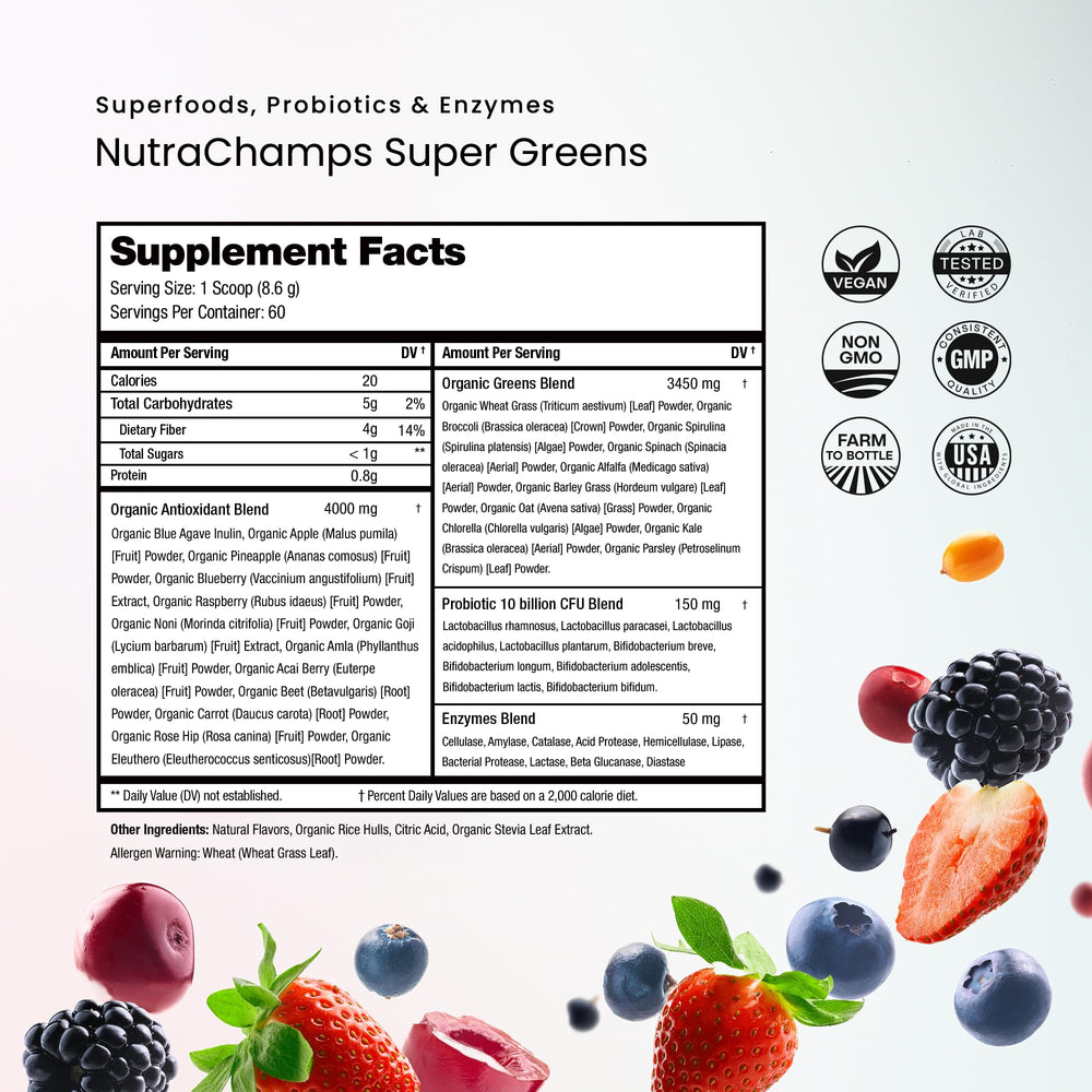 NutraChamps Super Greens fruits-veggies blend image suggests antioxidant support in your routine.