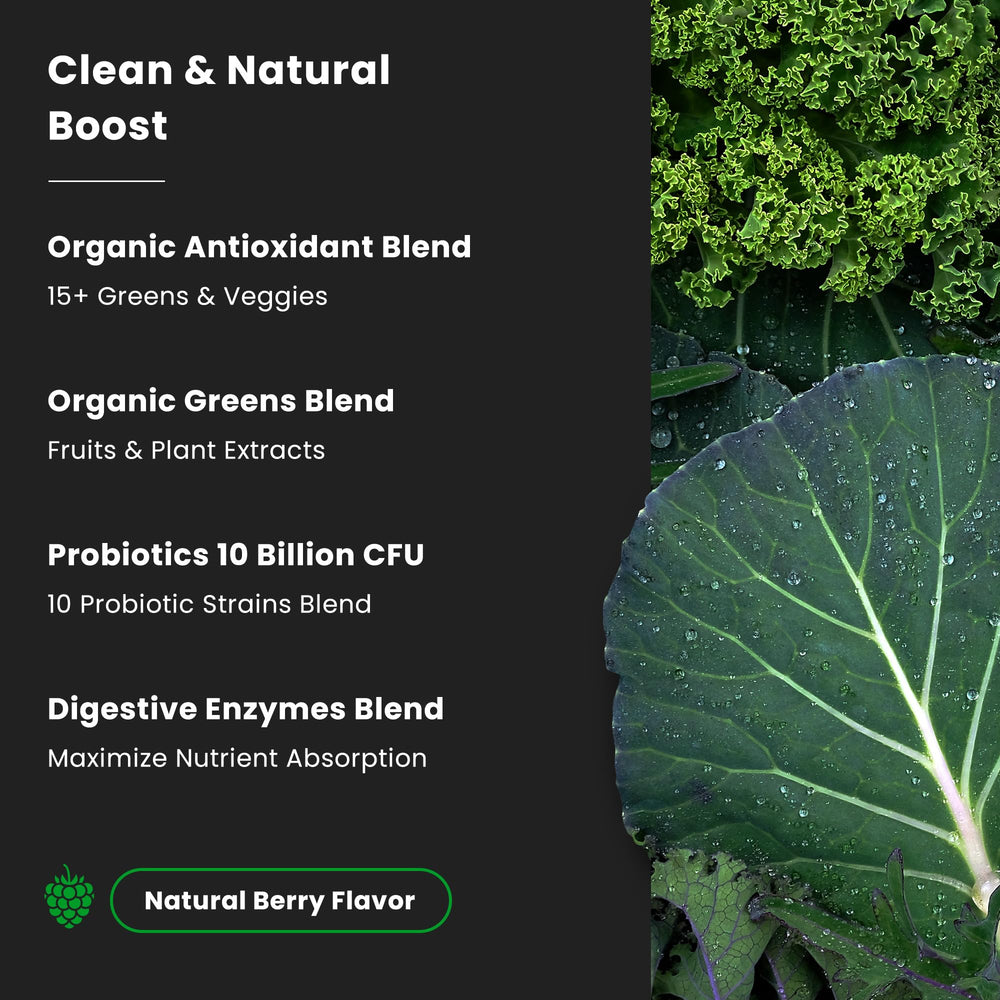 Super Greens powder in a shaker bottle