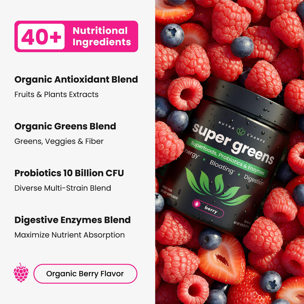 NutraChamps Super Greens powder tin label emphasizes clean, natural ingredients for easy mixing.