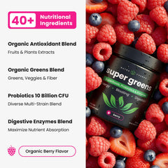 NutraChamps Super Greens powder tin label emphasizes clean, natural ingredients for easy mixing.