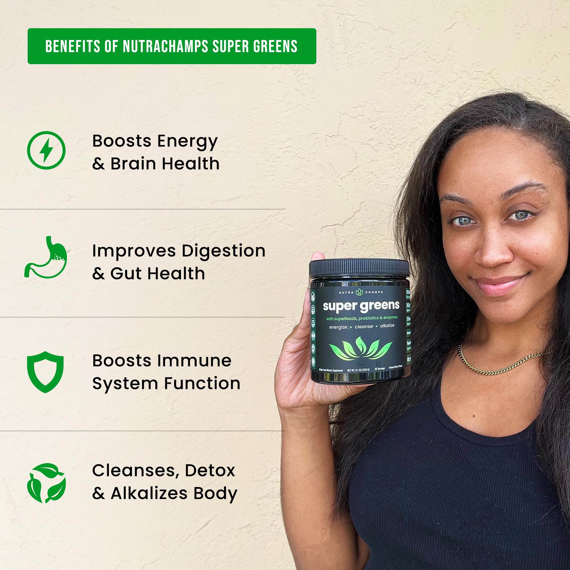 Wheat grass, spirulina, chlorella contained in NutraChamps greens Wheat grass, spirulina, chlorella contained in NutraChamps greens