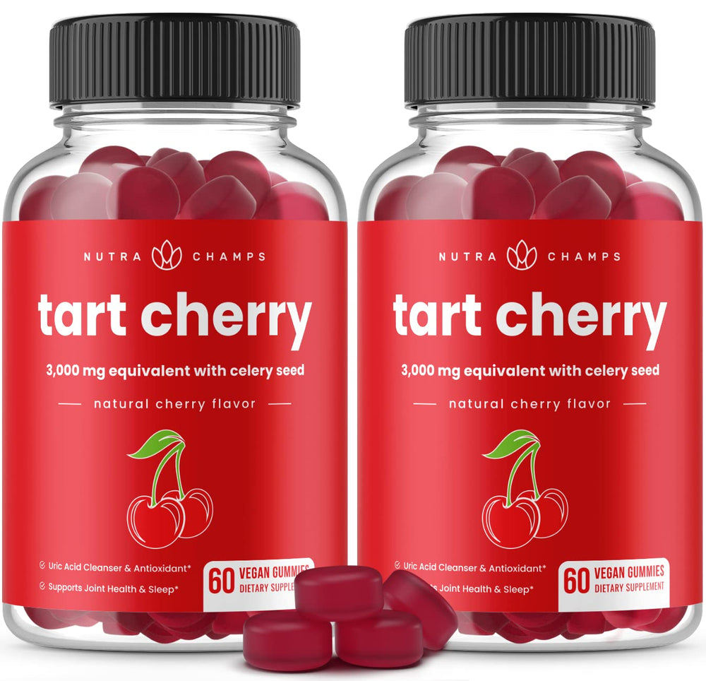 Bottle of NutraChamps Tart Cherry Gummies on white background