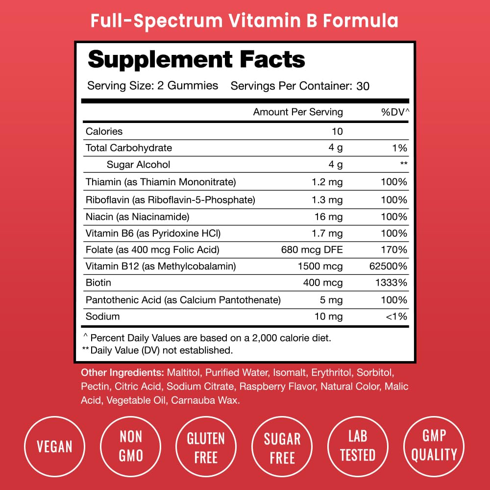 Label highlights B vitamins B1 through B12 in the product