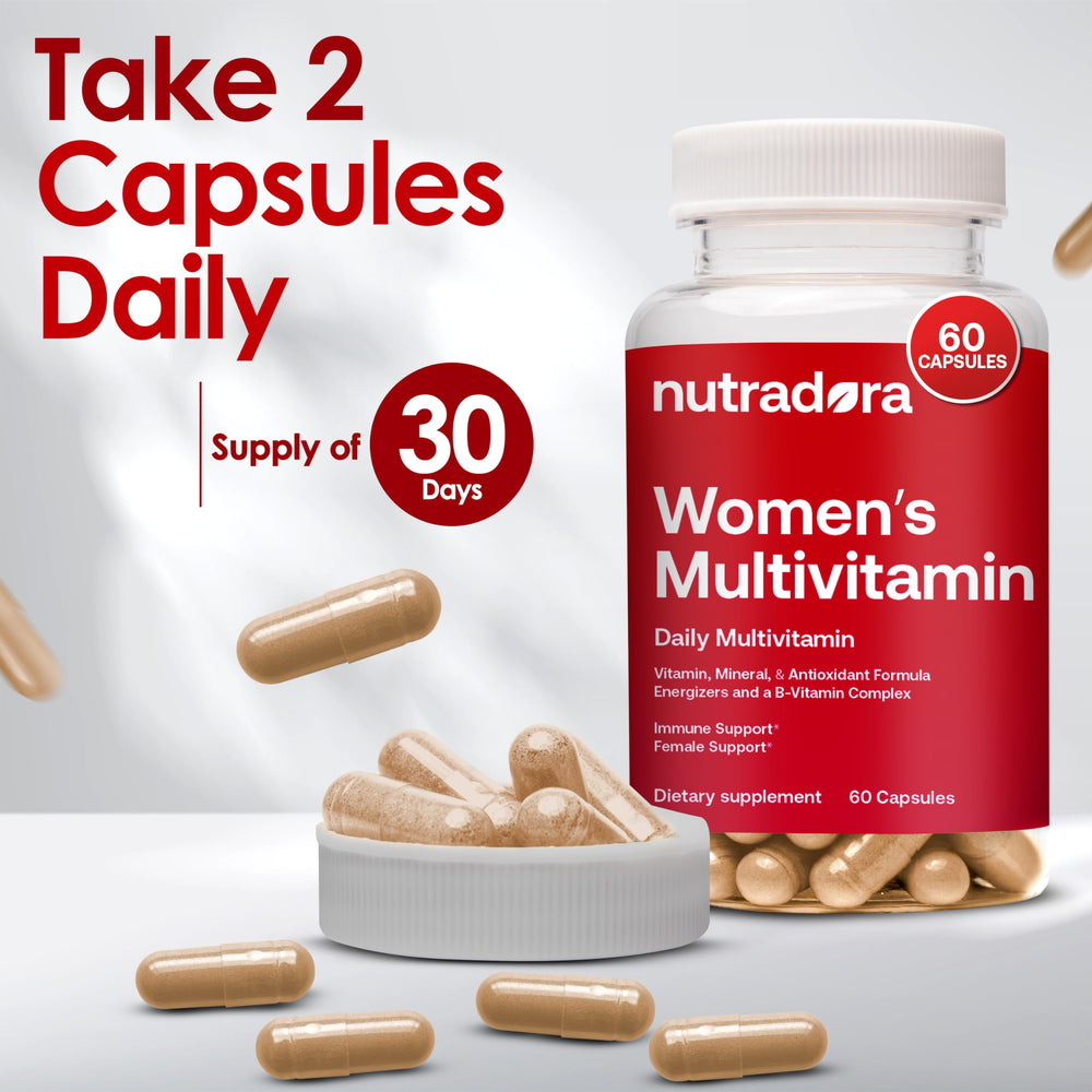 Woman taking a Nutradora multivitamin for daily wellness