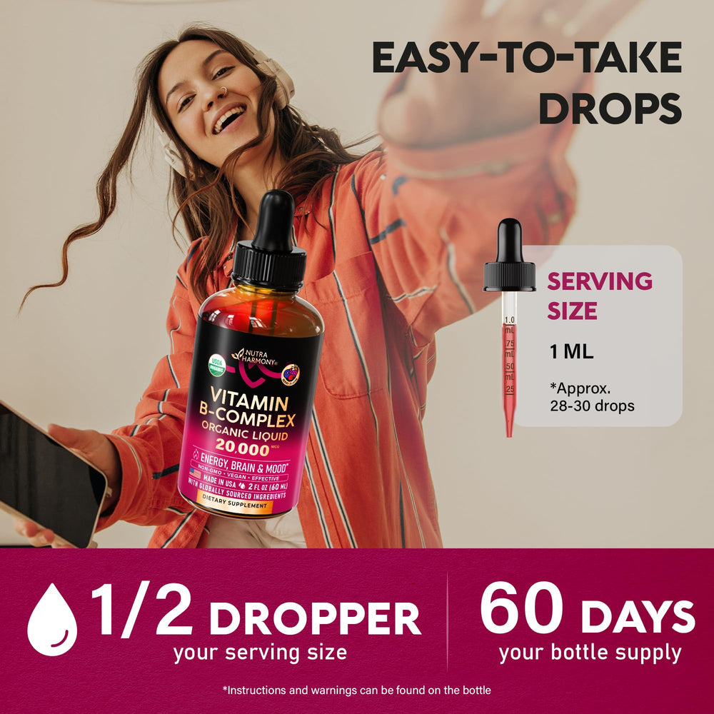 NUTRAHARMONY B Complex Drops under-tongue dosing facilitates quick absorption.