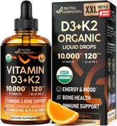 NutraHarmony Vitamin D3 + K2 Drops bottle front with orange flavor label
