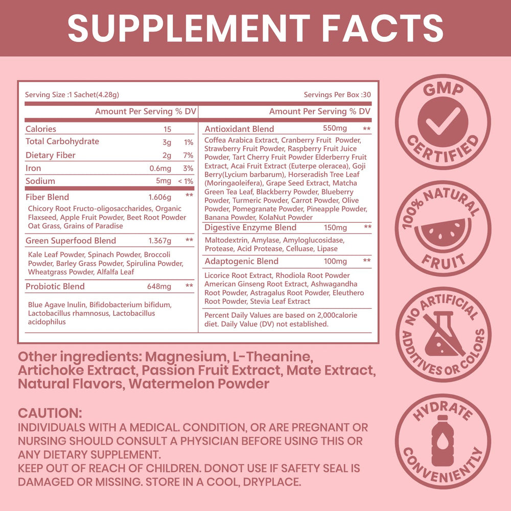 Single-serve watermelon flavor Happy Cleaner probiotic powder packet