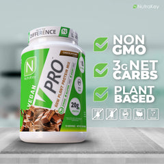 NutraKey V-Pro chocolate tub label shows organic vegan benefits