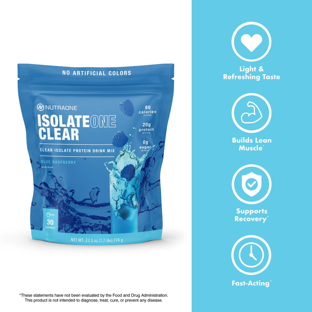 NutraOne Clear Whey Pineapple Mango bag with scoop highlights quick, portable mix.