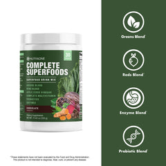 NutraOne Complete Superfoods ingredients close-up showing greens, reds, and enzymes