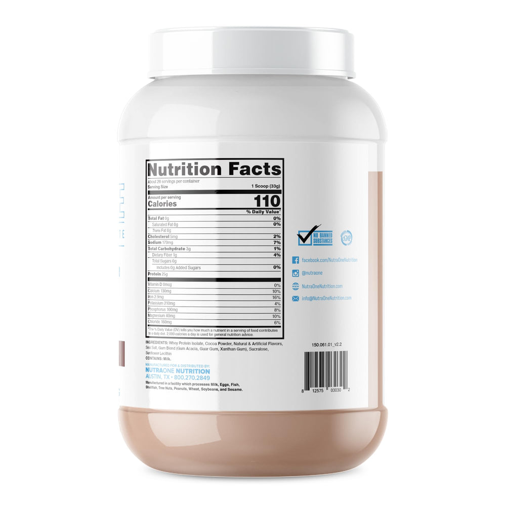 Nutrition facts panel for NutraOne IsolateOne Gourmet Chocolate 2 lb