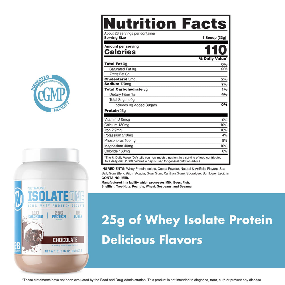Serving size information for NutraOne IsolateOne Gourmet Chocolate 2 lb