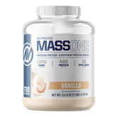 NutraOne MassOne vanilla mass gainer tub showing high-calorie nutrition for muscle support