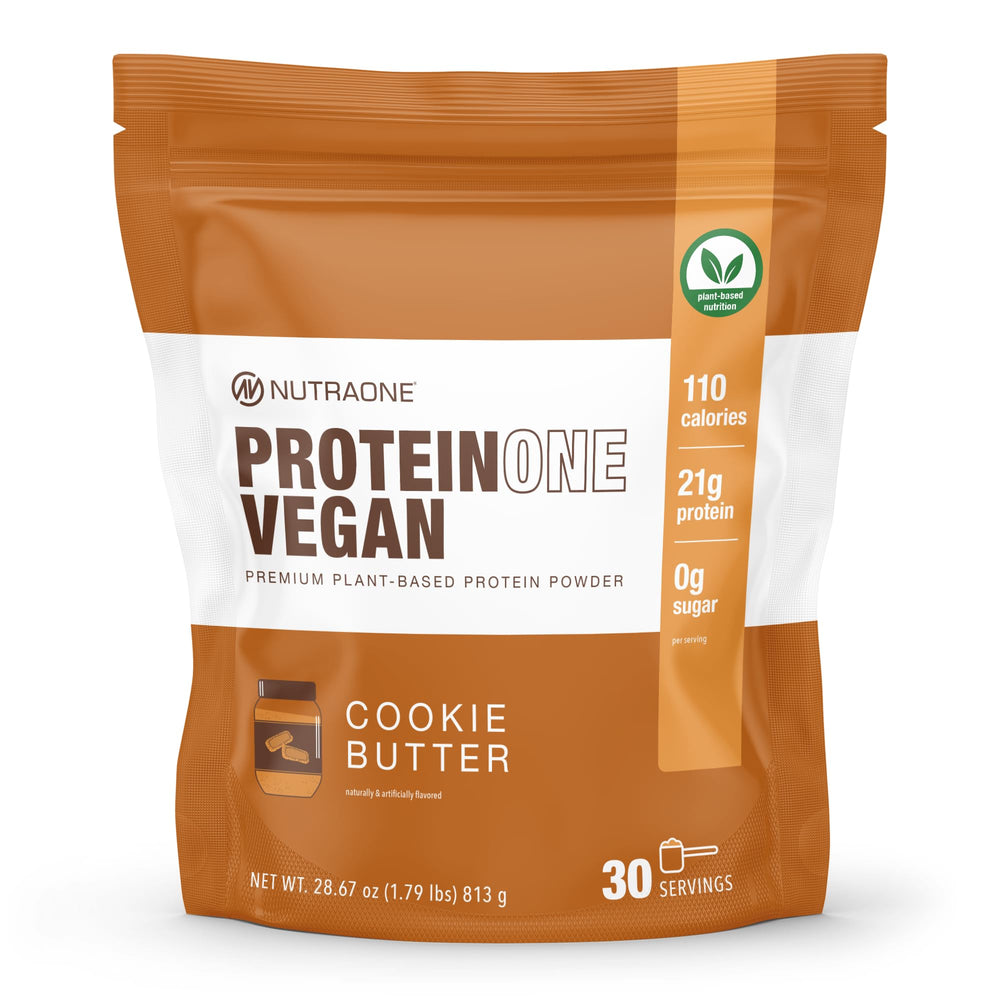 NutraOne ProteinOne vegan cookie butter bottle highlights dairy-free plant protein for quick nutrition.