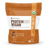 NutraOne ProteinOne vegan cookie butter bottle highlights dairy-free plant protein for quick nutrition.