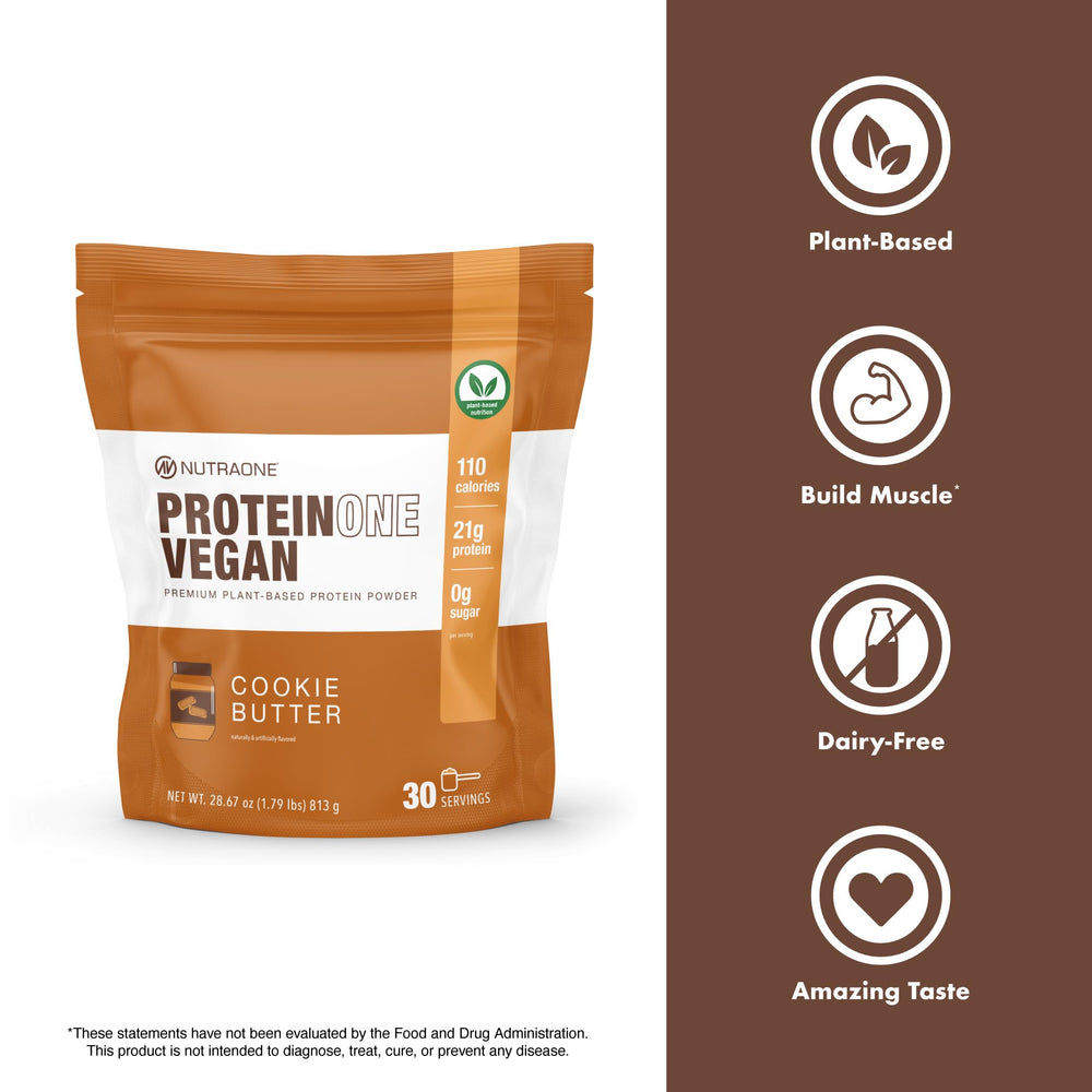 NutraOne ProteinOne shake glass with cookie butter flavor, a convenient on-the-go protein option.