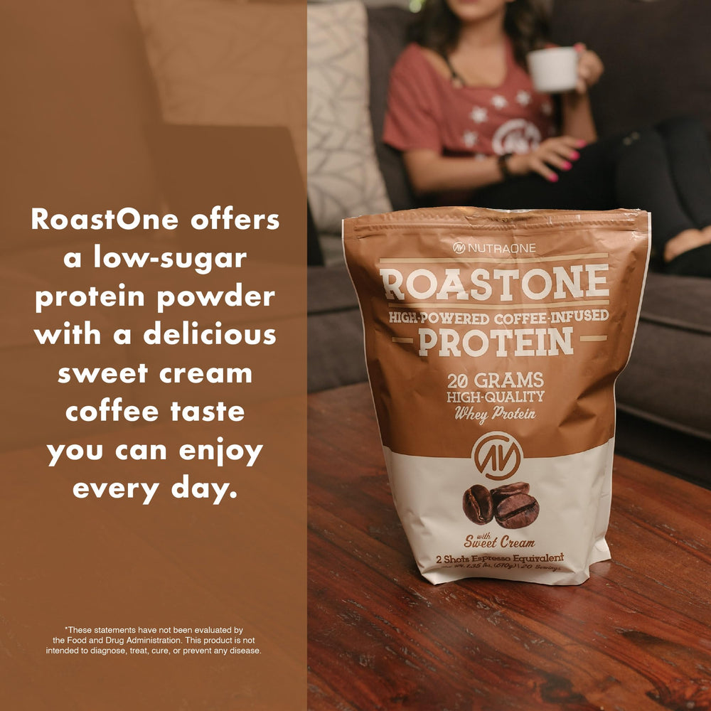 NutraOne RoastOne sweet-cream-tub-label—convenient protein for lean goals.