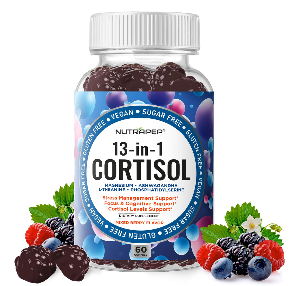 Bottle of NutraPep Cortisol Gummies with mixed berry flavor