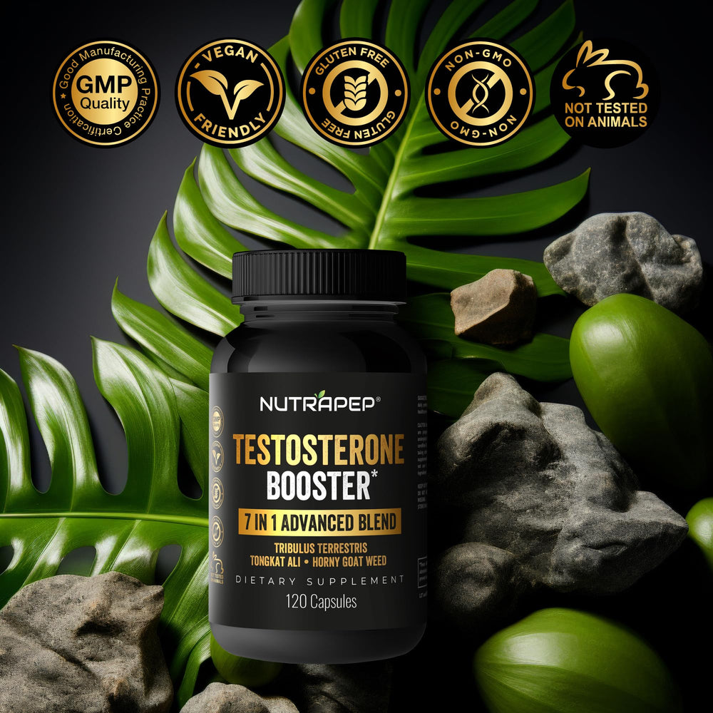 NutraPep Testosterone Booster on gym bench illustrates support during training sessions