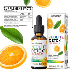 Adult dosage of 2 mL shown for NutraPep Zeolite Detox Drops