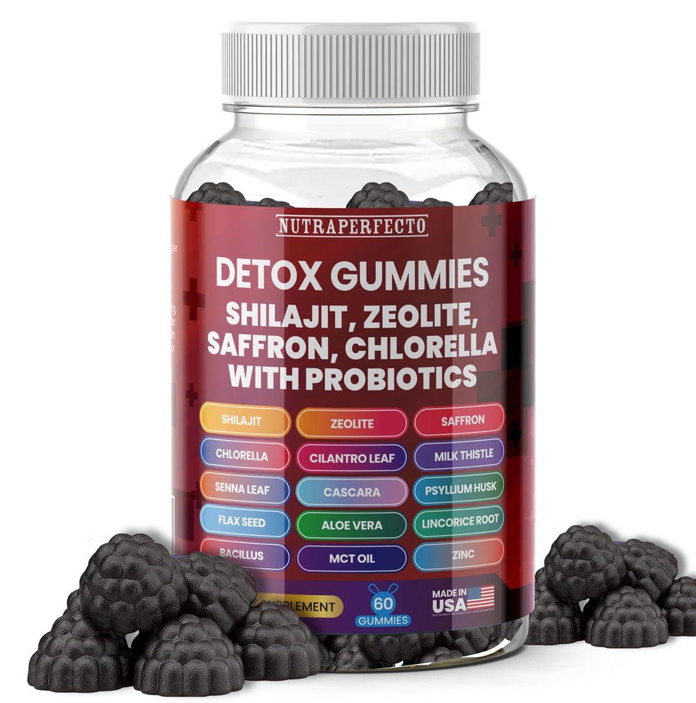 NutraPerfecto Sugar Free Zeolite Detox Gummies bottle closeup highlighting toxin support and sugar-free formula