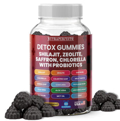 NutraPerfecto Sugar Free Zeolite Detox Gummies bottle closeup highlighting toxin support and sugar-free formula