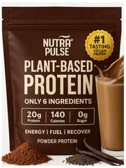 NUTRAPULSE chocolate vegan protein powder bottle showing clean, plant-based nutrition for daily energy