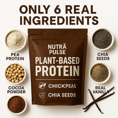 NUTRAPULSE chocolate vegan protein powder scoop ready to blend into shakes