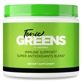 NutraRize Tonic Greens jar with label and scoop on a white background