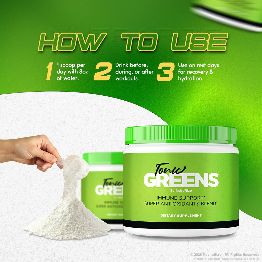 Open jar of NutraRize Tonic Greens with powder spill