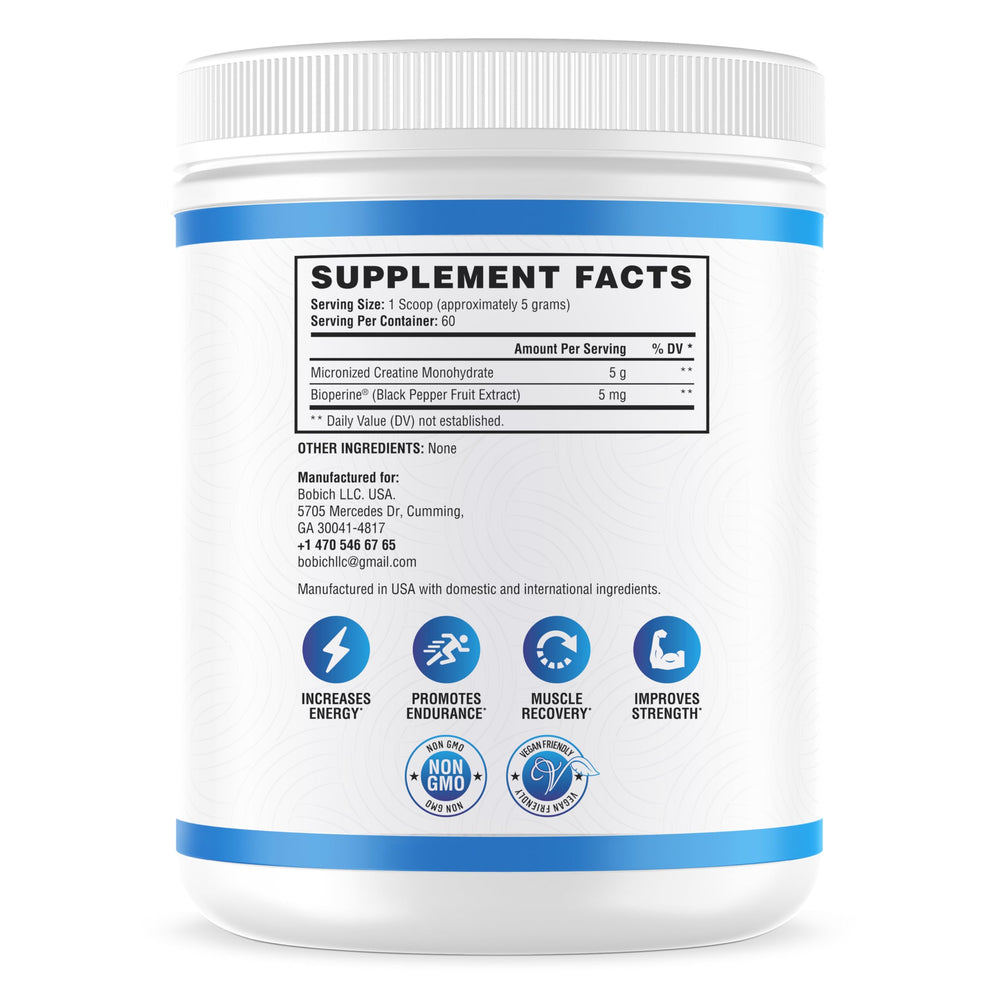 Unflavored Creatine Monohydrate powder with BioPerine for rapid absorption