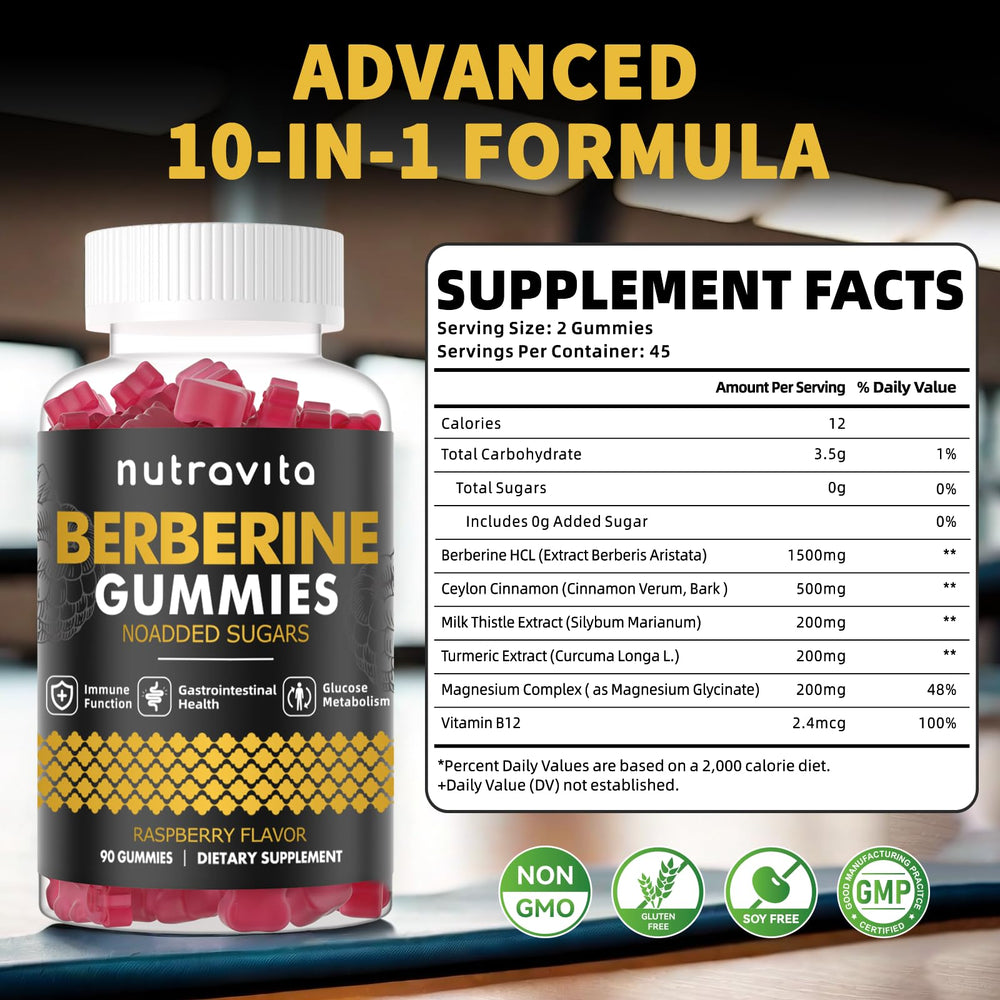 Close-up of Nutravita Berberine Gummies raspberry bottle with cinnamon