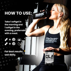 Nutrex CLA bottle with pills on white background