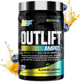 Nutrex OUTLIFT Amped bottle in Blueberry Lemonade flavor boosts energy and focus during workouts.