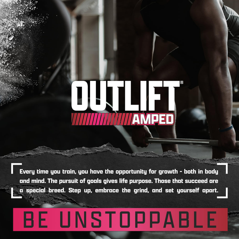 Nutrex OUTLIFT Amped label close-up with athletes in gym scene