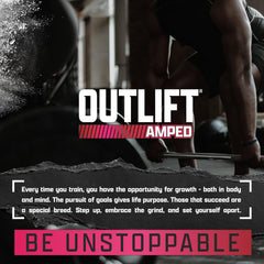 Nutrex OUTLIFT Amped label close-up with athletes in gym scene