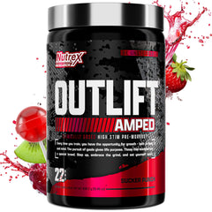 Nutrex Research OUTLIFT Amped powder tub close-up for intense training energy and focus