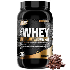 Nutrex Research Chocolate Whey Protein tub front view highlighting rich flavor and 25g protein