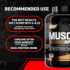 Serving scoop beside glass underscores 67 servings per 5-pound tub.