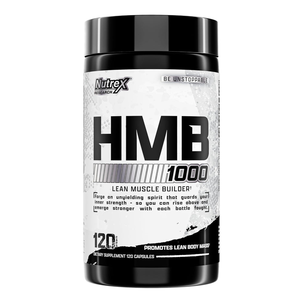Nutrex Research HMB 1000mg bottle shows potential muscle recovery support.