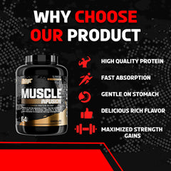 Nutrition label close-up on Muscle Infusion tub shows 24g protein per serving.