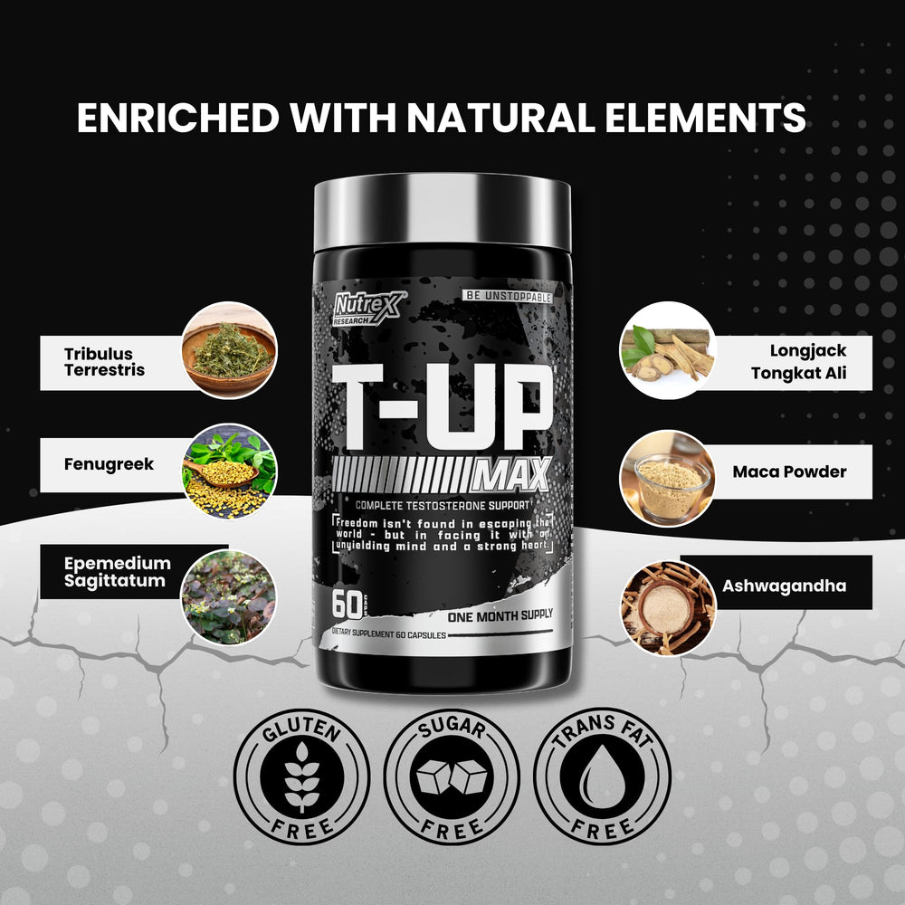 Nutrex Research T-UP capsules in hand; convenient daily support for recovery and training consistency.