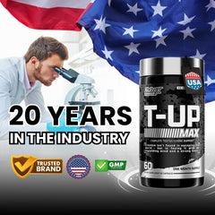 Nutrex Research T-UP label details; science-backed quality for safe athletic support.
