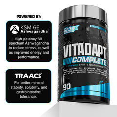 Vitadapt bottle placed on gym bench with weights