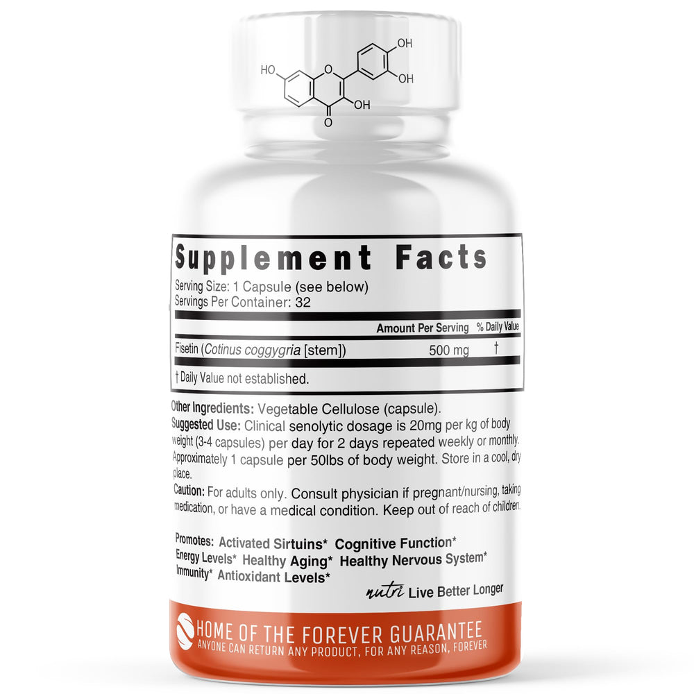 Nutritional ingredients label for Nutri Fisetin 500mg